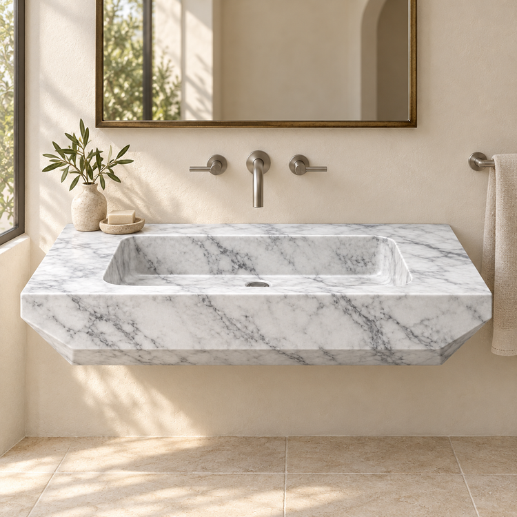 Facet Carrara Chamfered Floating Marble Sink, styled bathroom view, design rendering