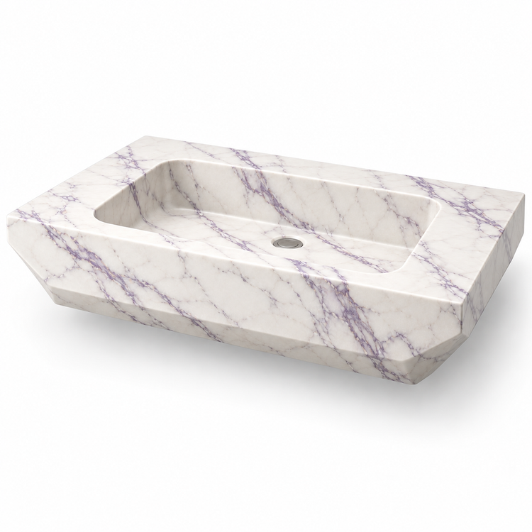 Facet Lilac Chamfered Floating Marble Sink, three-quarter view on white, design rendering