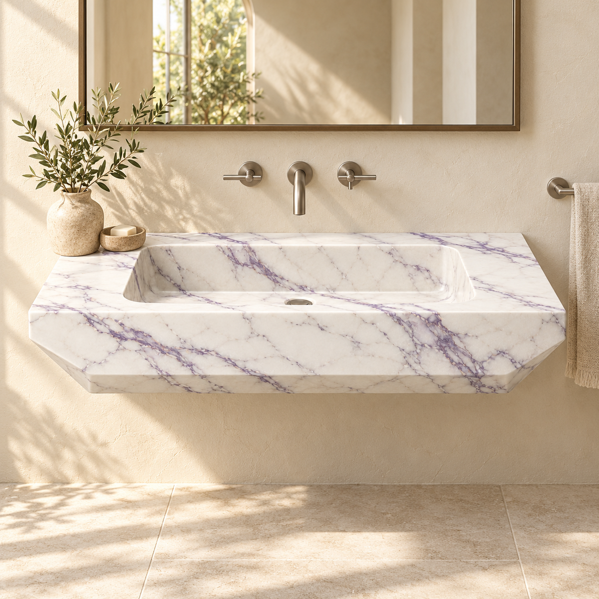 Facet Lilac Chamfered Floating Marble Sink, styled bathroom view, design rendering
