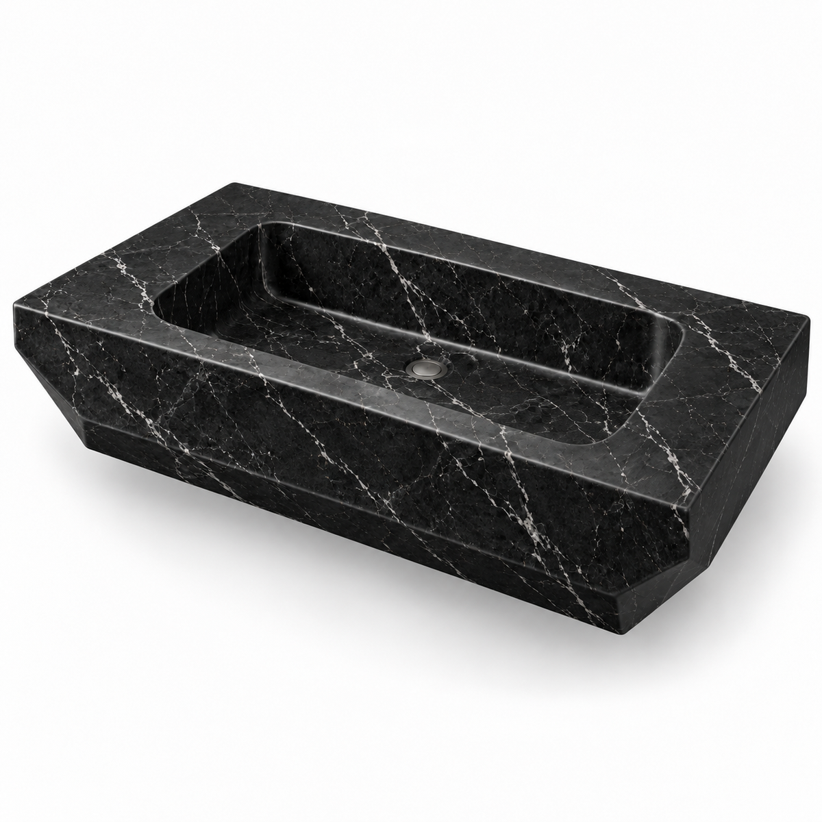 Facet Nero Marquina Chamfered Floating Marble Sink, three-quarter view on white, design rendering