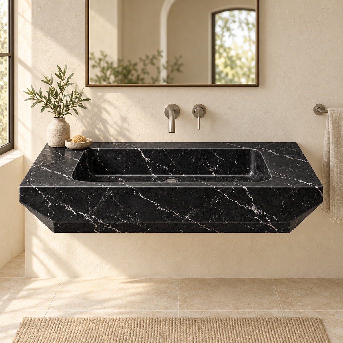 Facet Nero Marquina Chamfered Floating Marble Sink, styled bathroom view, design rendering