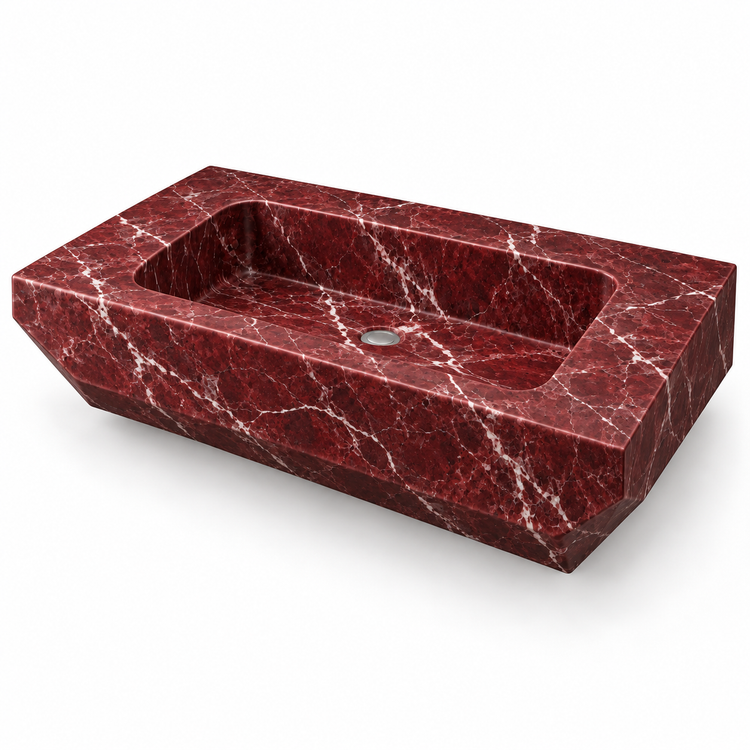 Facet Rosso Levanto Chamfered Floating Marble Sink, three-quarter view on white, design rendering