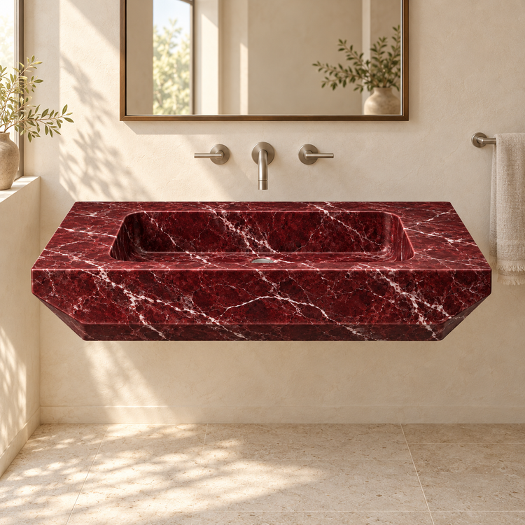 Facet Rosso Levanto Chamfered Floating Marble Sink, styled bathroom view, design rendering