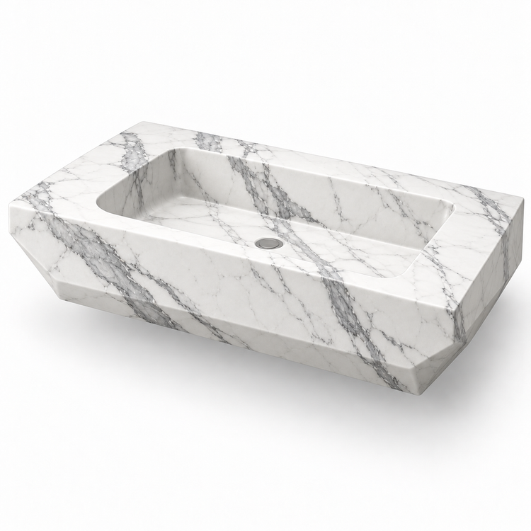 Facet Statuario Chamfered Floating Marble Sink, three-quarter view on white, design rendering