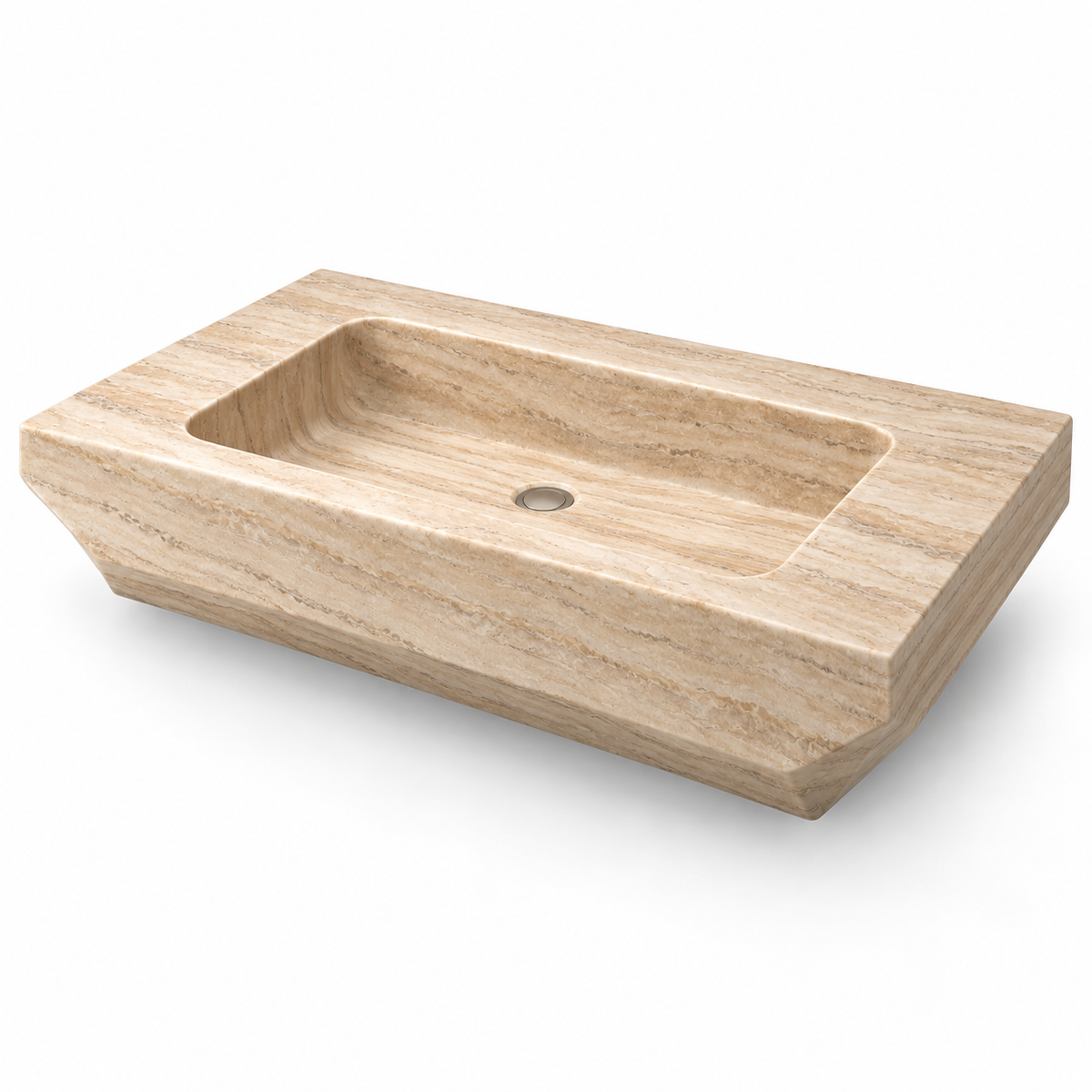 Facet Travertine Chamfered Floating Stone Sink, three-quarter view on white, design rendering