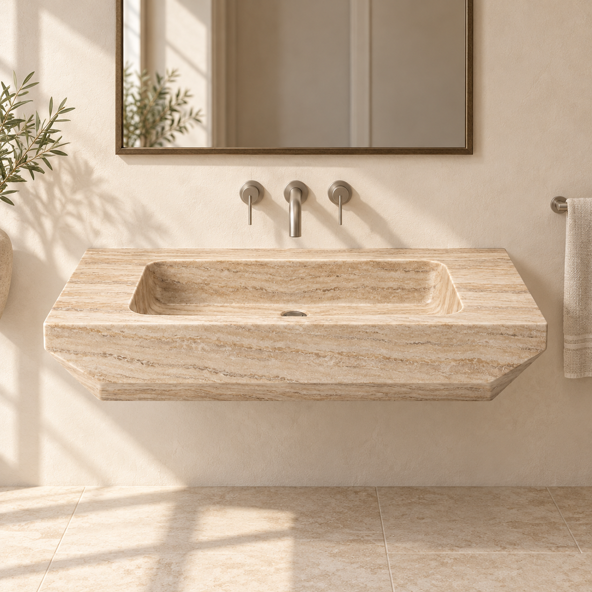 Facet Travertine Chamfered Floating Stone Sink, styled bathroom view, design rendering