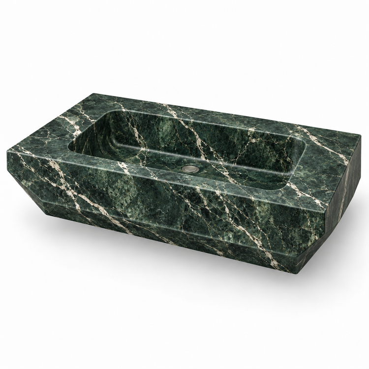 Facet Verde Alpi Chamfered Floating Marble Sink, three-quarter view on white, design rendering