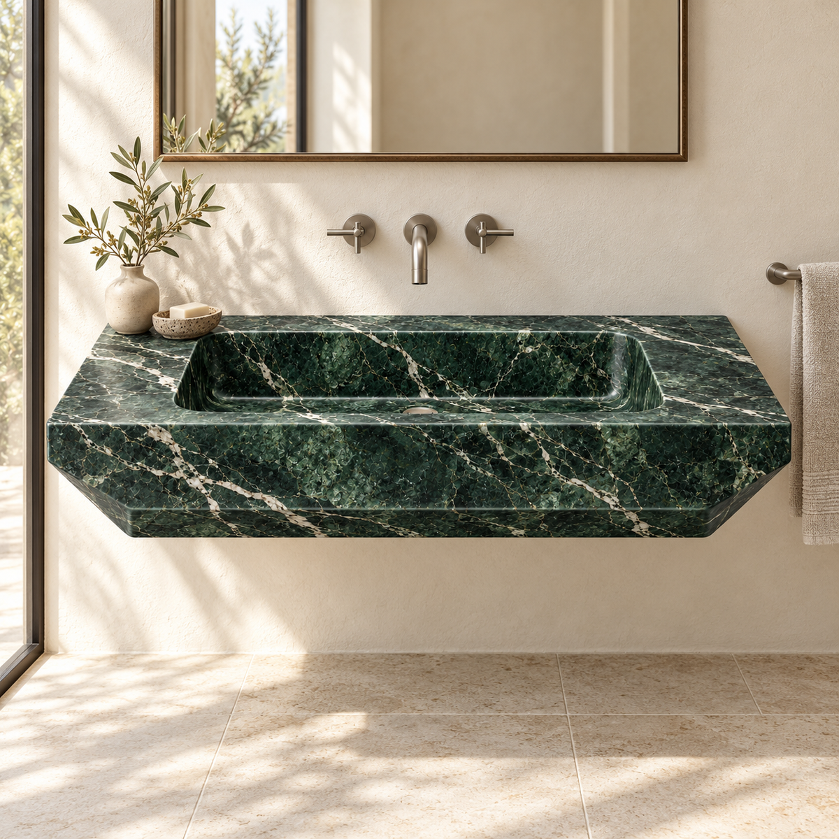 Facet Verde Alpi Chamfered Floating Marble Sink, styled bathroom view, design rendering