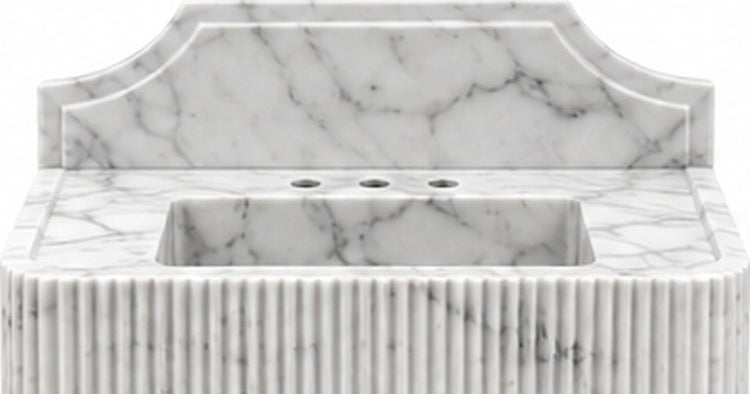 Fluted Carrara White Marble Console Sink with Brass Legs and Arched Backsplash - basin and stone apron detail