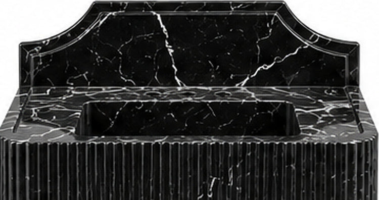 Fluted Nero Marquina Black Marble Console Sink with Brass Legs and Arched Backsplash - basin and stone apron detail