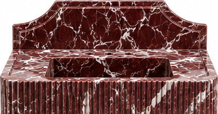 Fluted Rosso Levanto Marble Console Sink with Brass Legs and Arched Backsplash - basin and stone apron detail