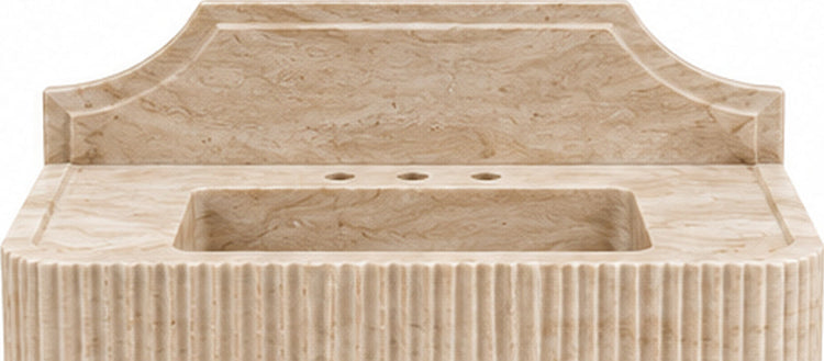 Fluted Travertine Console Sink with Brass Legs and Arched Backsplash - basin and stone apron detail