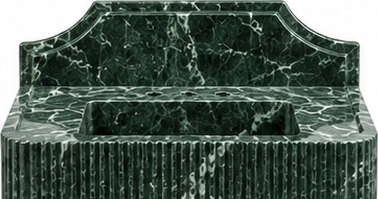 Fluted Verde Alpi Green Marble Console Sink with Brass Legs and Arched Backsplash - basin and stone apron detail