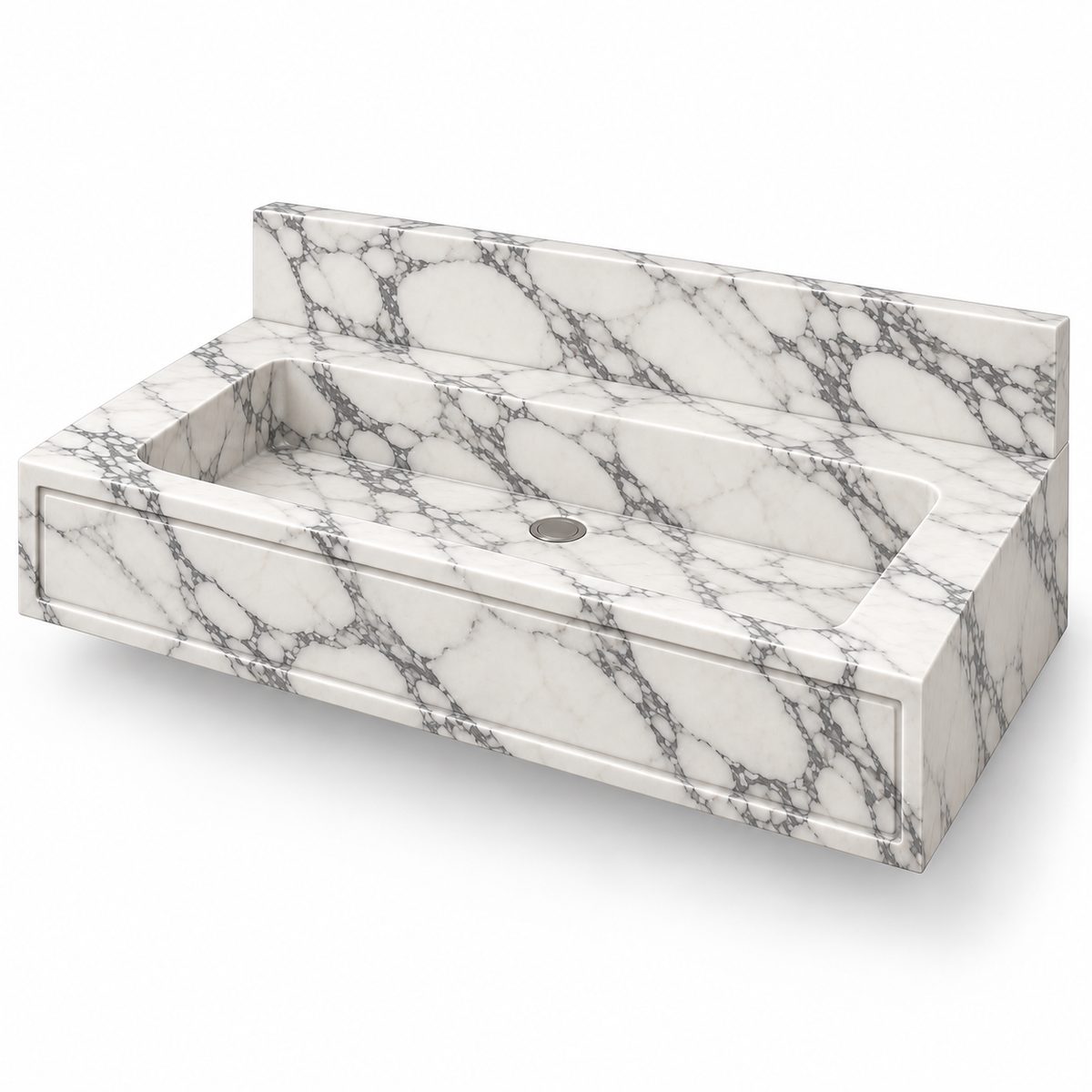 Frame Arabescato Panel Front Floating Marble Sink, three-quarter view on white, design rendering