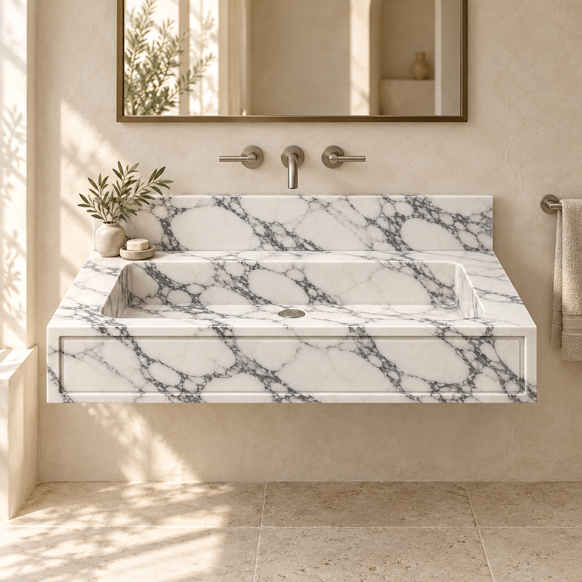 Frame Arabescato Panel Front Floating Marble Sink, styled bathroom view, design rendering