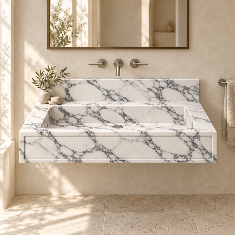 Frame Arabescato Panel Front Floating Marble Sink, styled bathroom view, design rendering