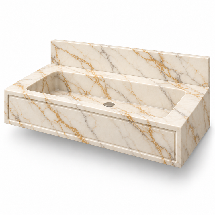 Frame Calacatta Gold Panel Front Floating Marble Sink, three-quarter view on white, design rendering
