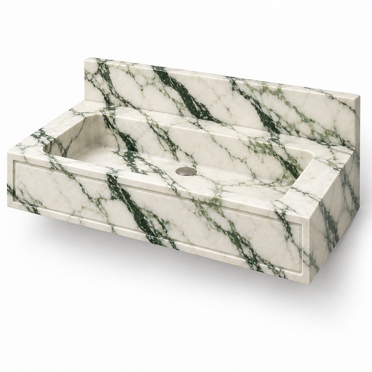 Frame Calacatta Green Panel Front Floating Marble Sink, three-quarter view on white, design rendering