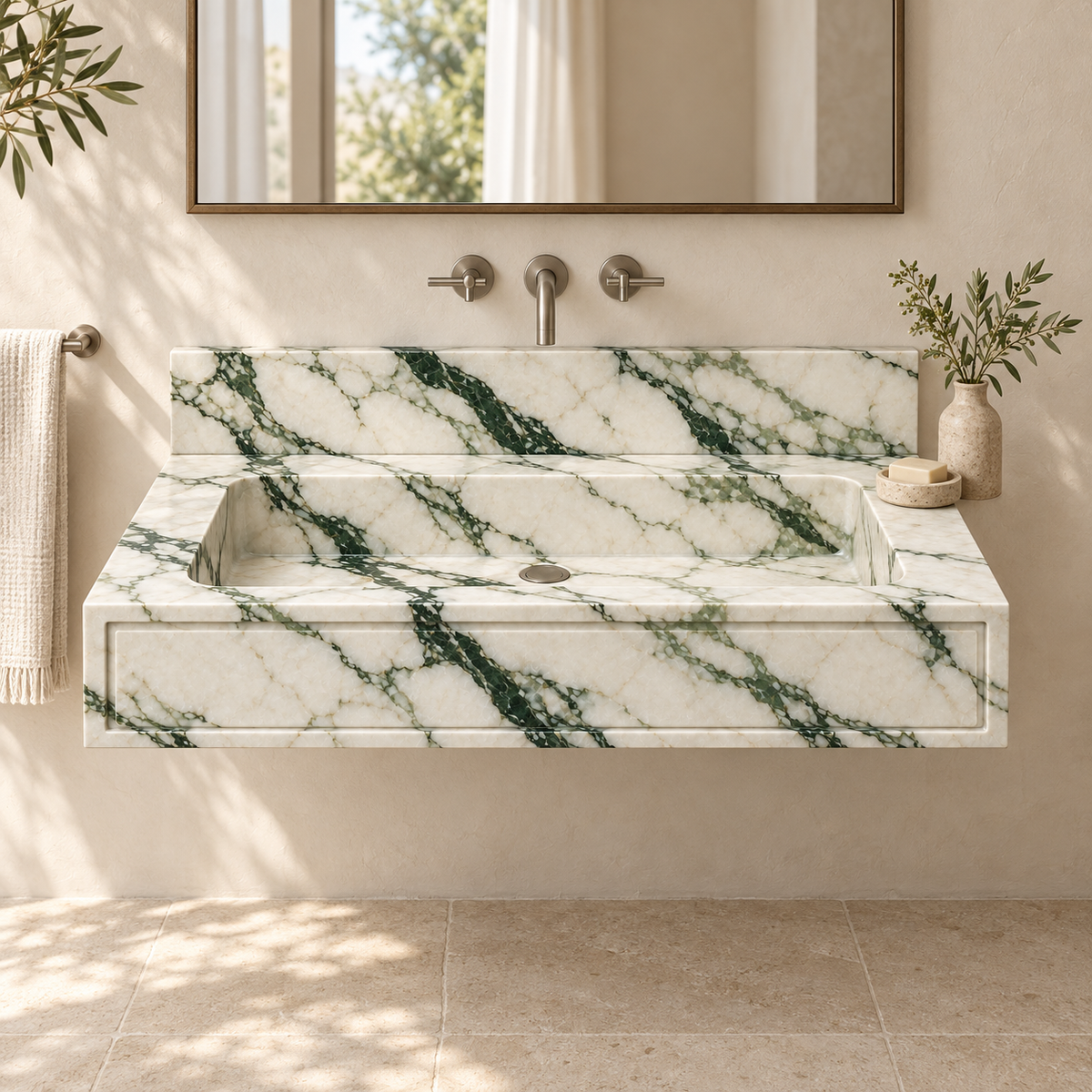 Frame Calacatta Green Panel Front Floating Marble Sink, styled bathroom view, design rendering