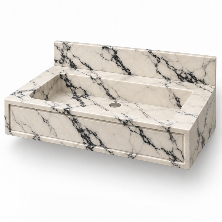 Frame Calacatta Viola Panel Front Floating Marble Sink, three-quarter view on white, design rendering