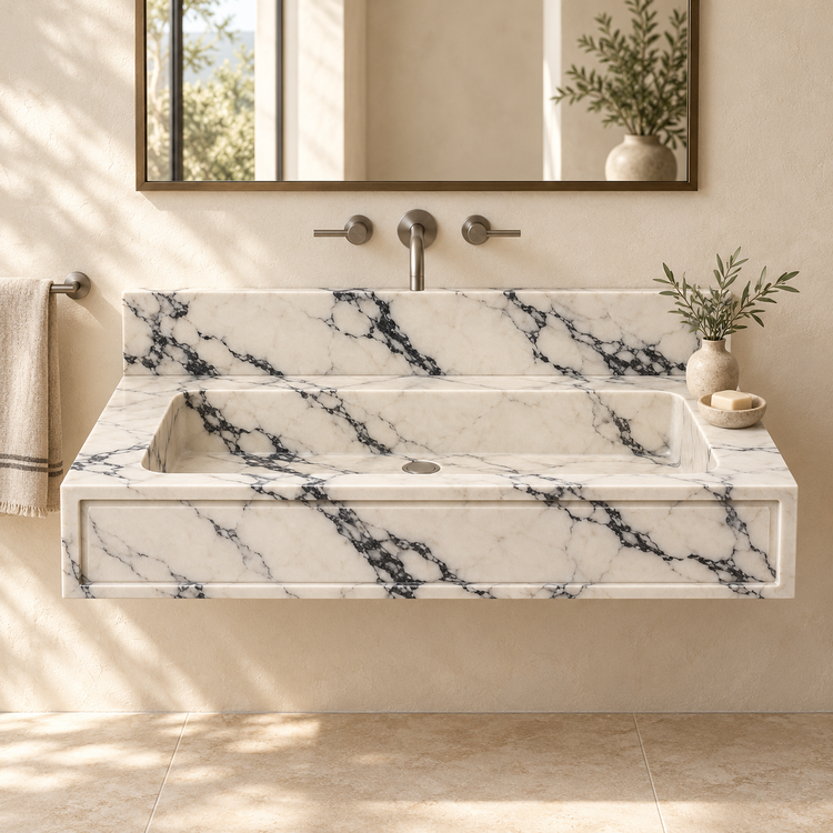 Frame Calacatta Viola Panel Front Floating Marble Sink, styled bathroom view, design rendering