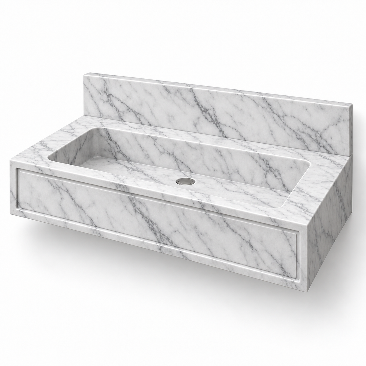Frame Carrara Panel Front Floating Marble Sink, three-quarter view on white, design rendering