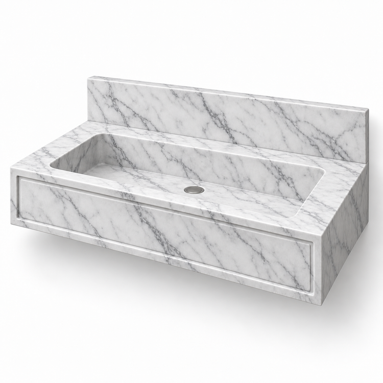 Frame Carrara Panel Front Floating Marble Sink, three-quarter view on white, design rendering