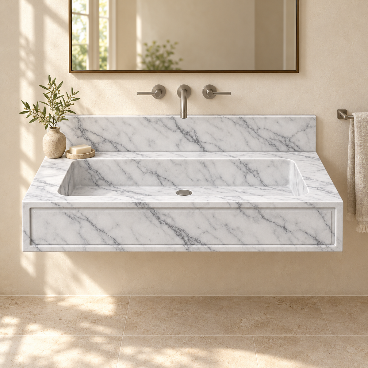 Frame Carrara Panel Front Floating Marble Sink, styled bathroom view, design rendering