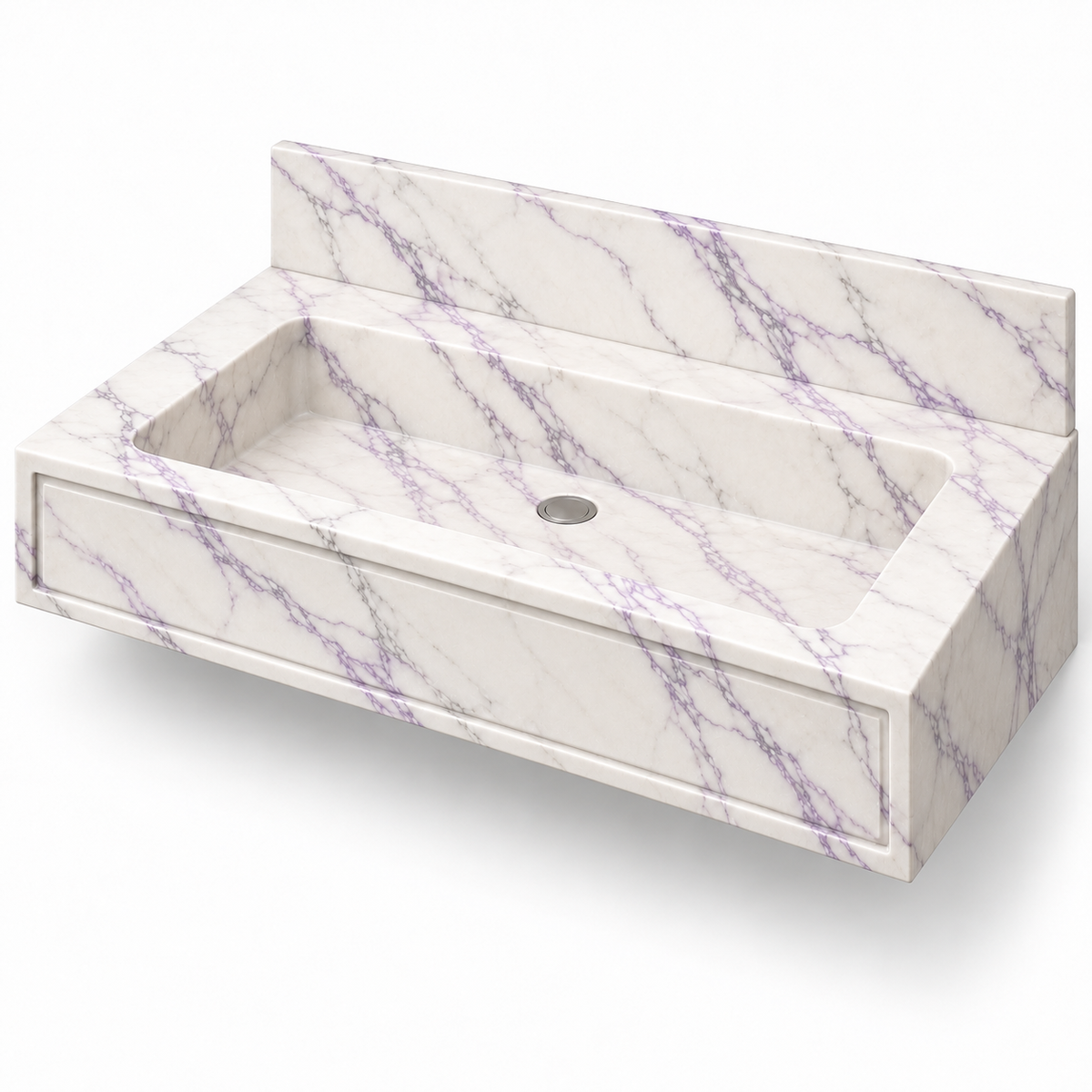 Frame Lilac Panel Front Floating Marble Sink, three-quarter view on white, design rendering