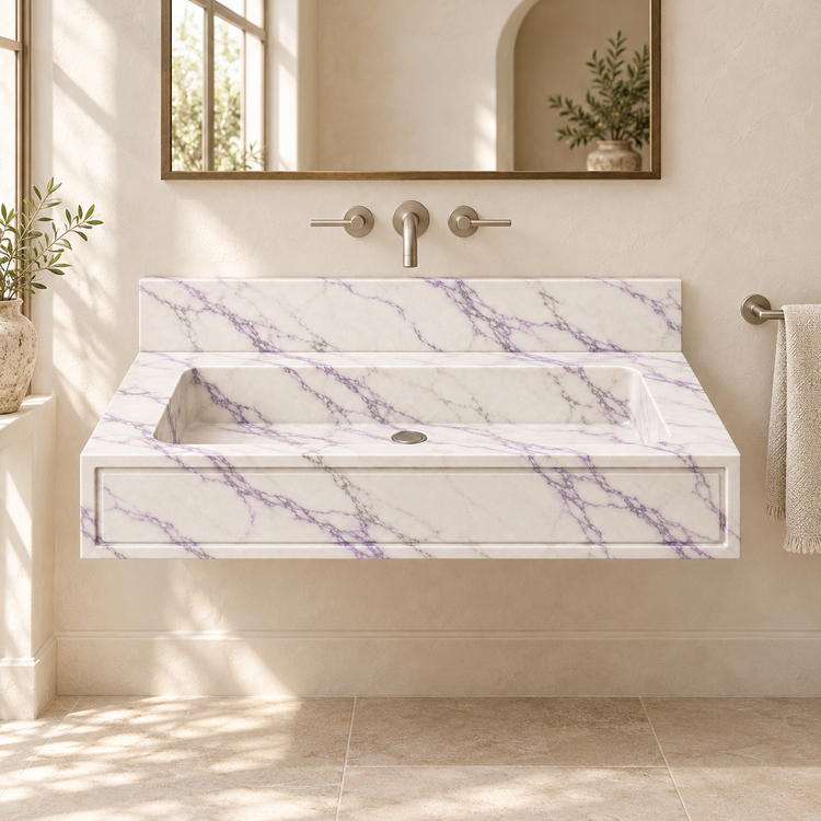 Frame Lilac Panel Front Floating Marble Sink, styled bathroom view, design rendering