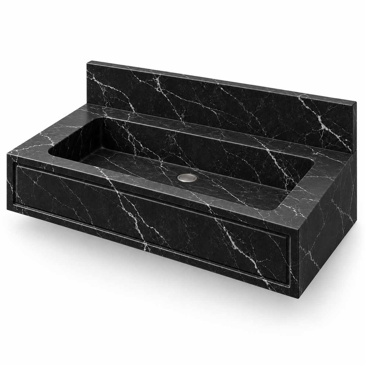 Frame Nero Marquina Panel Front Floating Marble Sink, three-quarter view on white, design rendering
