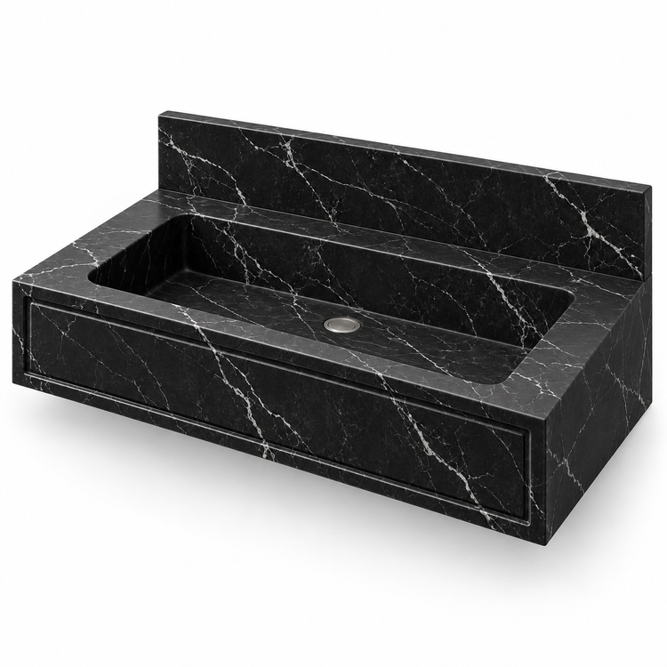 Frame Nero Marquina Panel Front Floating Marble Sink, three-quarter view on white, design rendering