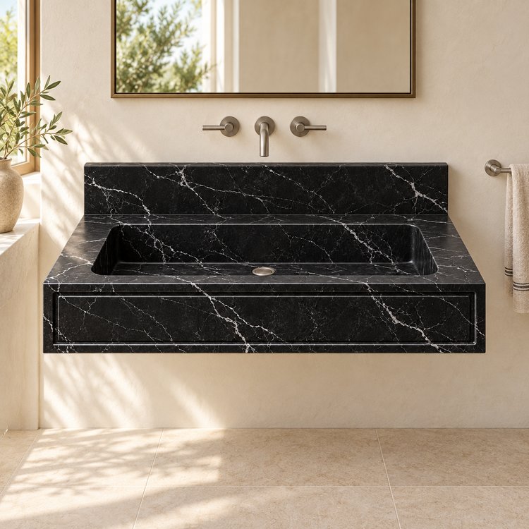 Frame Nero Marquina Panel Front Floating Marble Sink, styled bathroom view, design rendering