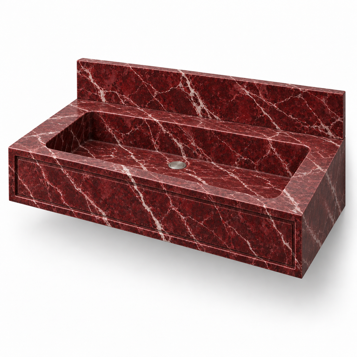 Frame Rosso Levanto Panel Front Floating Marble Sink, three-quarter view on white, design rendering
