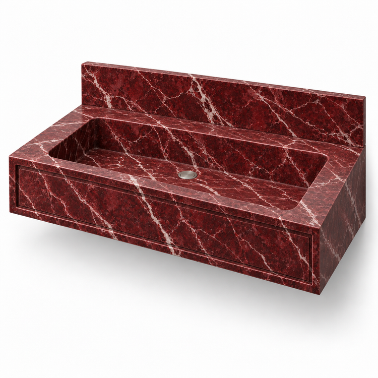 Frame Rosso Levanto Panel Front Floating Marble Sink, three-quarter view on white, design rendering