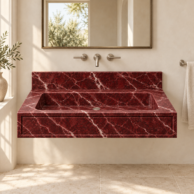 Frame Rosso Levanto Panel Front Floating Marble Sink, styled bathroom view, design rendering
