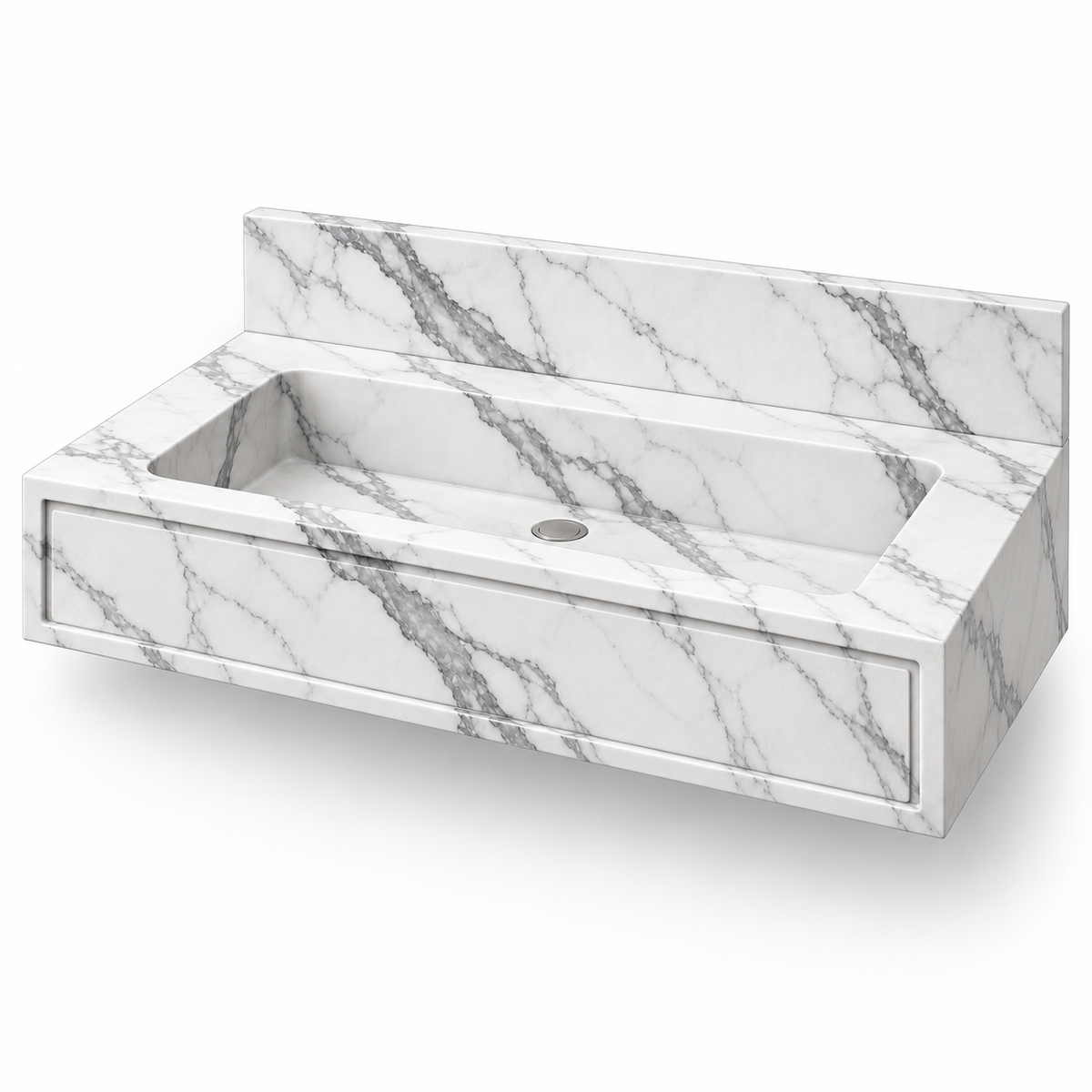 Frame Statuario Panel Front Floating Marble Sink, three-quarter view on white, design rendering
