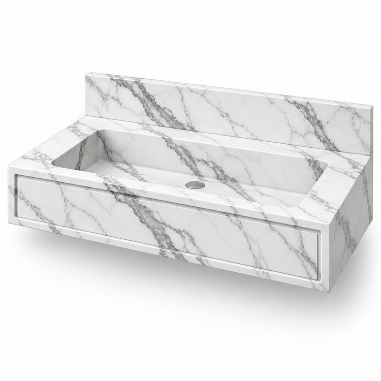 Frame Statuario Panel Front Floating Marble Sink, three-quarter view on white, design rendering