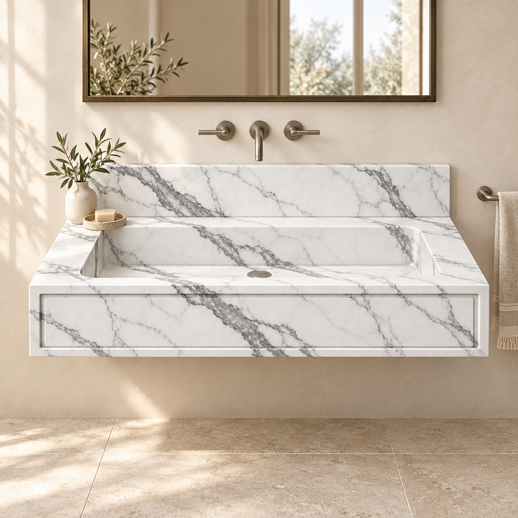 Frame Statuario Panel Front Floating Marble Sink, styled bathroom view, design rendering
