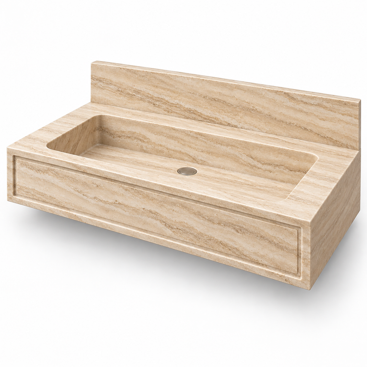 Frame Travertine Panel Front Floating Stone Sink, three-quarter view on white, design rendering