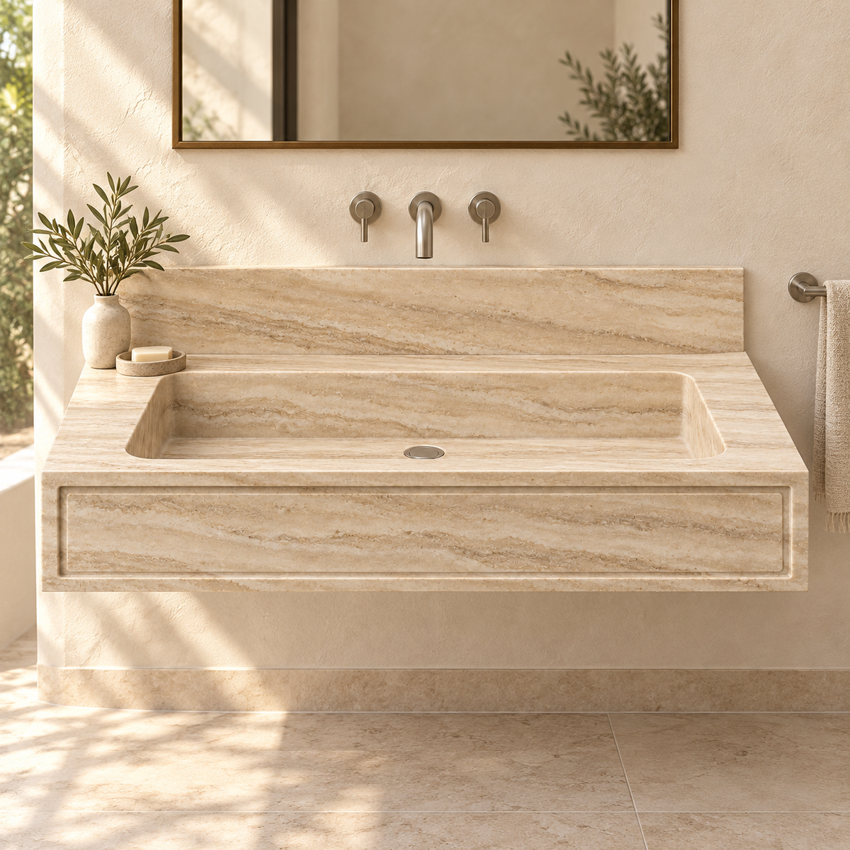Frame Travertine Panel Front Floating Stone Sink, styled bathroom view, design rendering