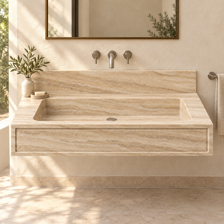 Frame Travertine Panel Front Floating Stone Sink, styled bathroom view, design rendering