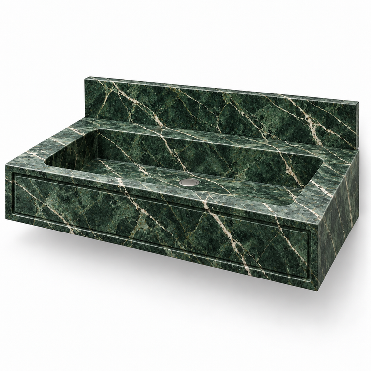 Frame Verde Alpi Panel Front Floating Marble Sink, three-quarter view on white, design rendering