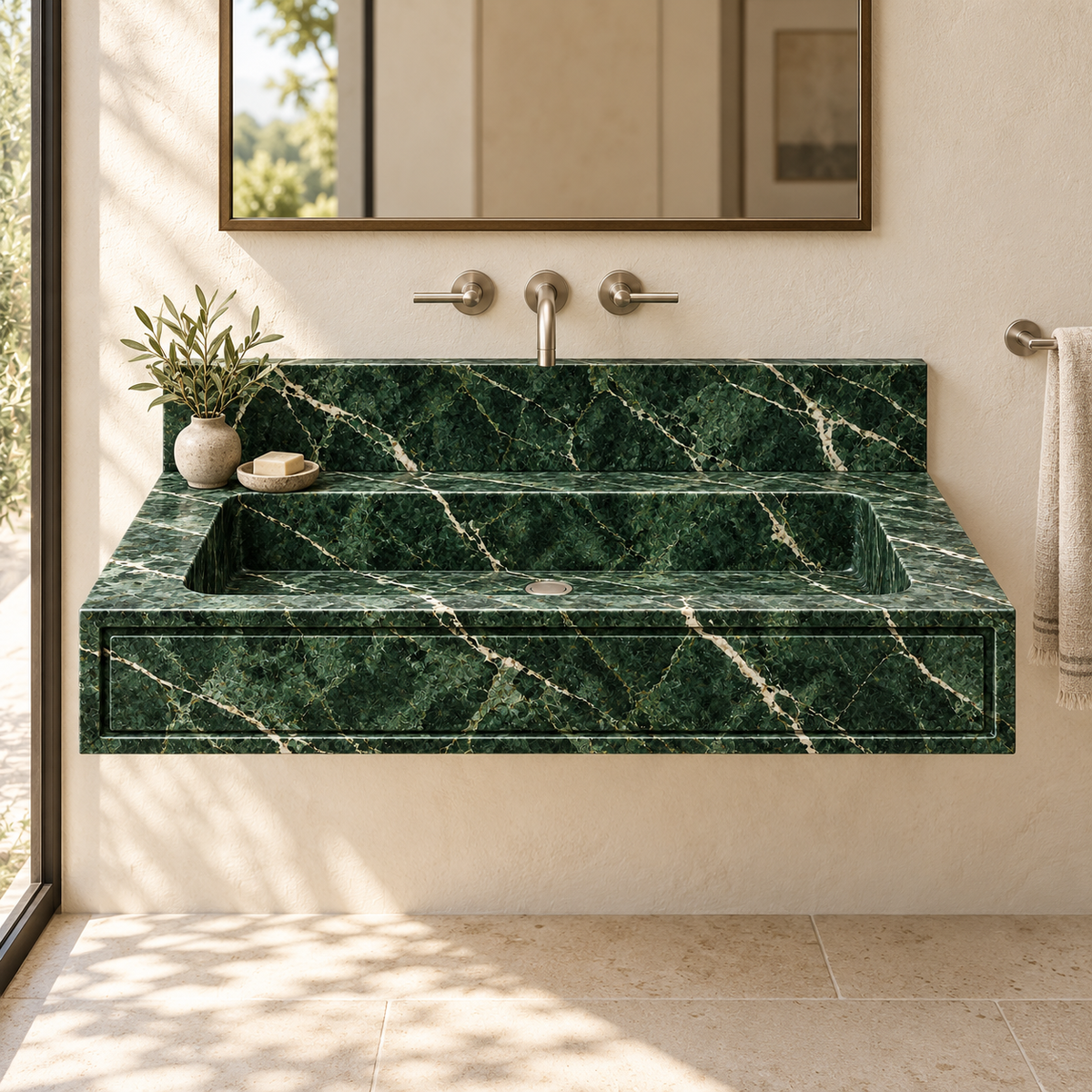 Frame Verde Alpi Panel Front Floating Marble Sink, styled bathroom view, design rendering