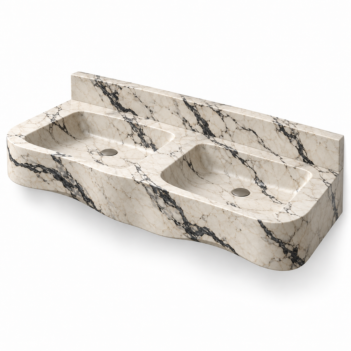 Grand Onde Calacatta Viola Statement Double Floating Marble Sink, three-quarter view on white, design rendering