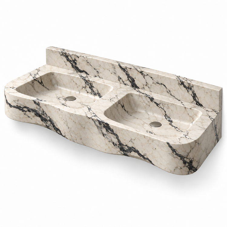 Grand Onde Calacatta Viola Statement Double Floating Marble Sink, three-quarter view on white, design rendering