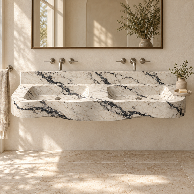 Grand Onde Calacatta Viola Statement Double Floating Marble Sink, styled bathroom view, design rendering