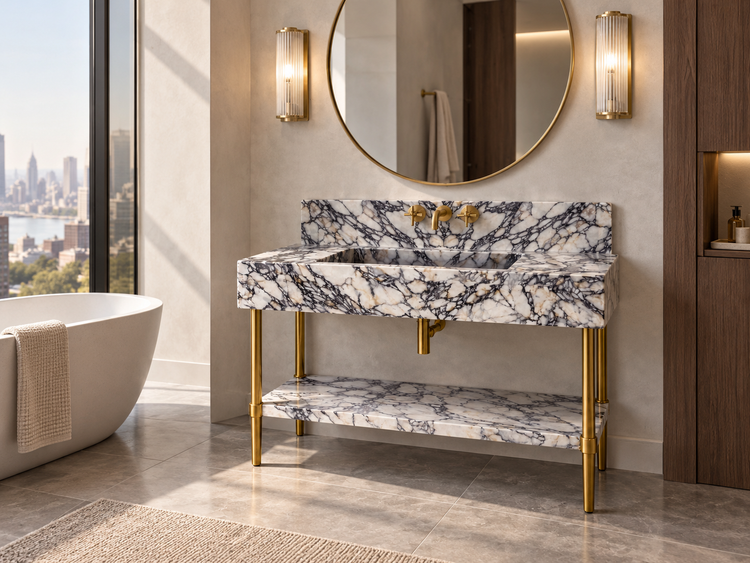 Calacatta Viola Marble Sink Vanity with Brass Legs and Shelf, installed room view (design rendering)