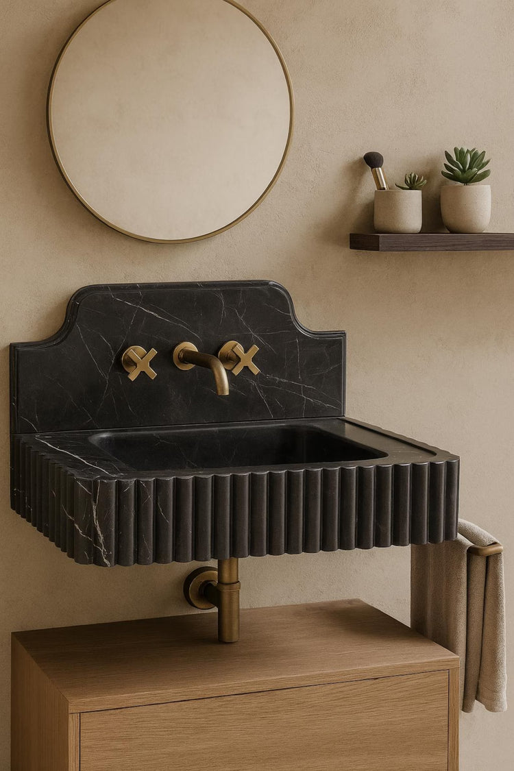 Floating Nero Marquina Black Marble Sink with Backsplash by Vero Marble