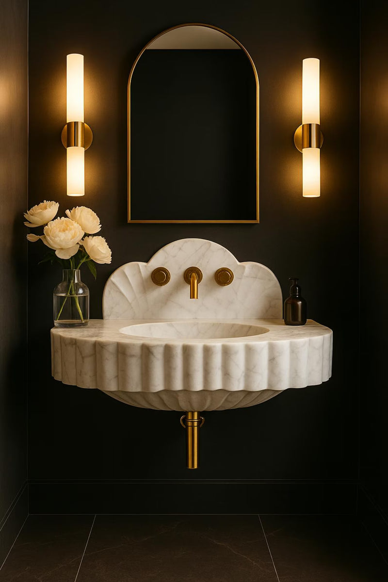 Italian Carrara White Marble Sink, Designer Scalloped Bathroom Vanity